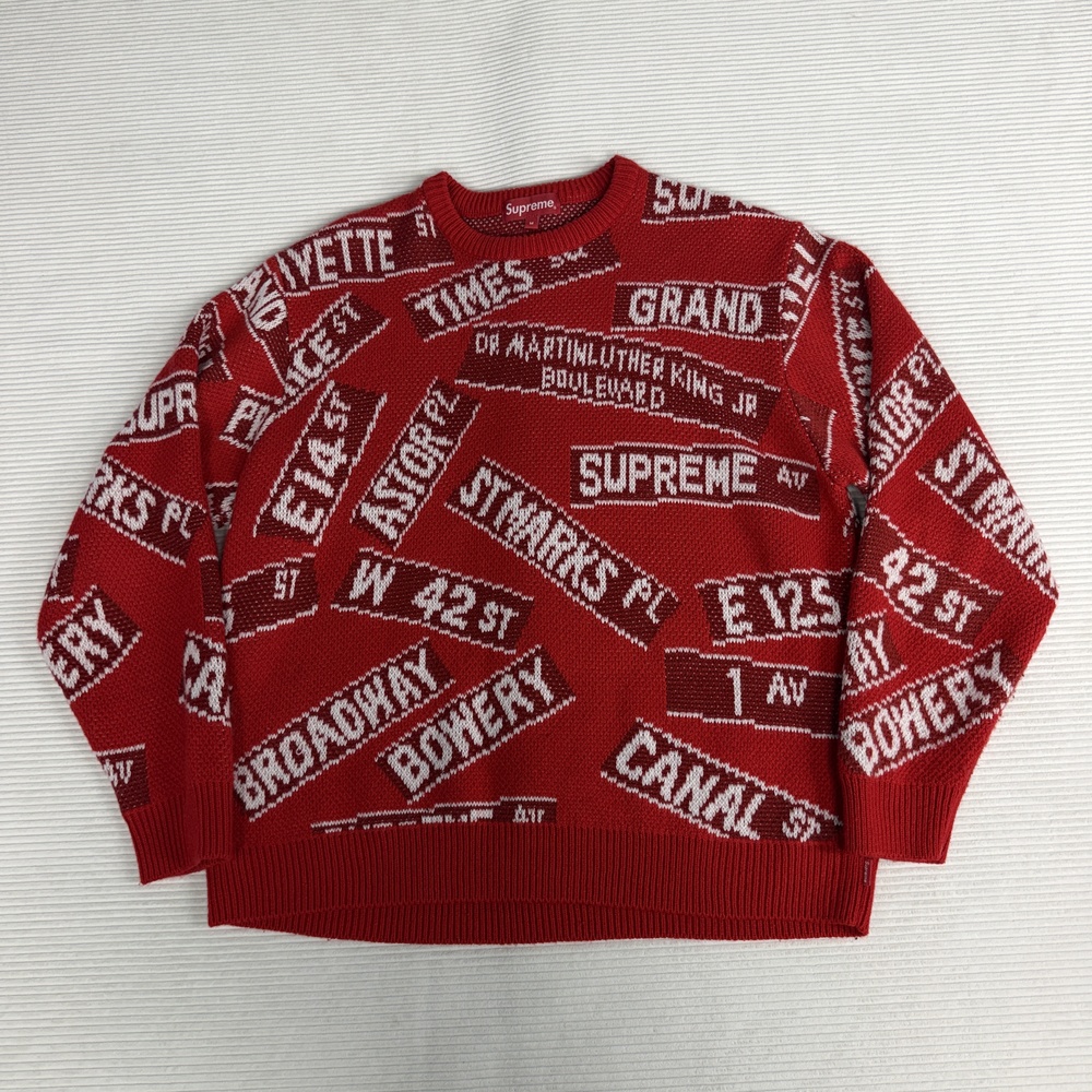 Supreme Sweater Mens M Red NYC Allover Street Sign Graphic Knit Logo Pullover